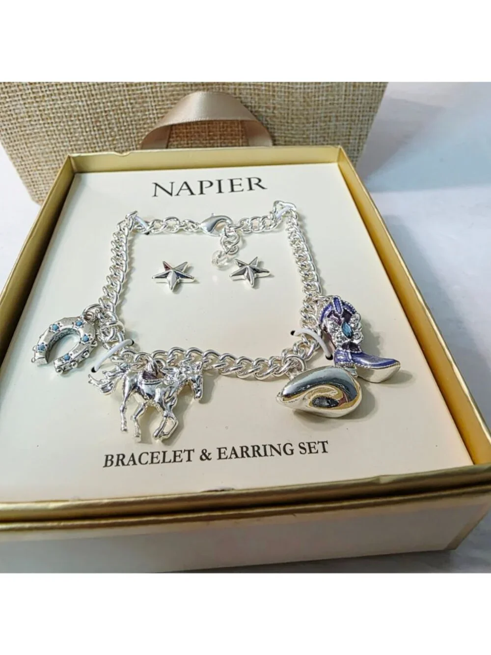 Napier 2 Pc Western Cowgirl Rodeo Charm Silver Tone Bracelet Star Earring Set